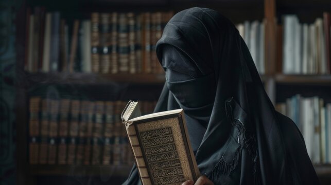 Muslim woman in black dress in library