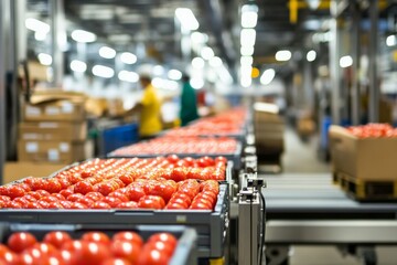 Conveyor Belt of Fresh Tomatoes in a Processing Facility