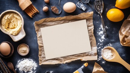 A blank recipe card on a table with cooking utensils around it, offering copy space.