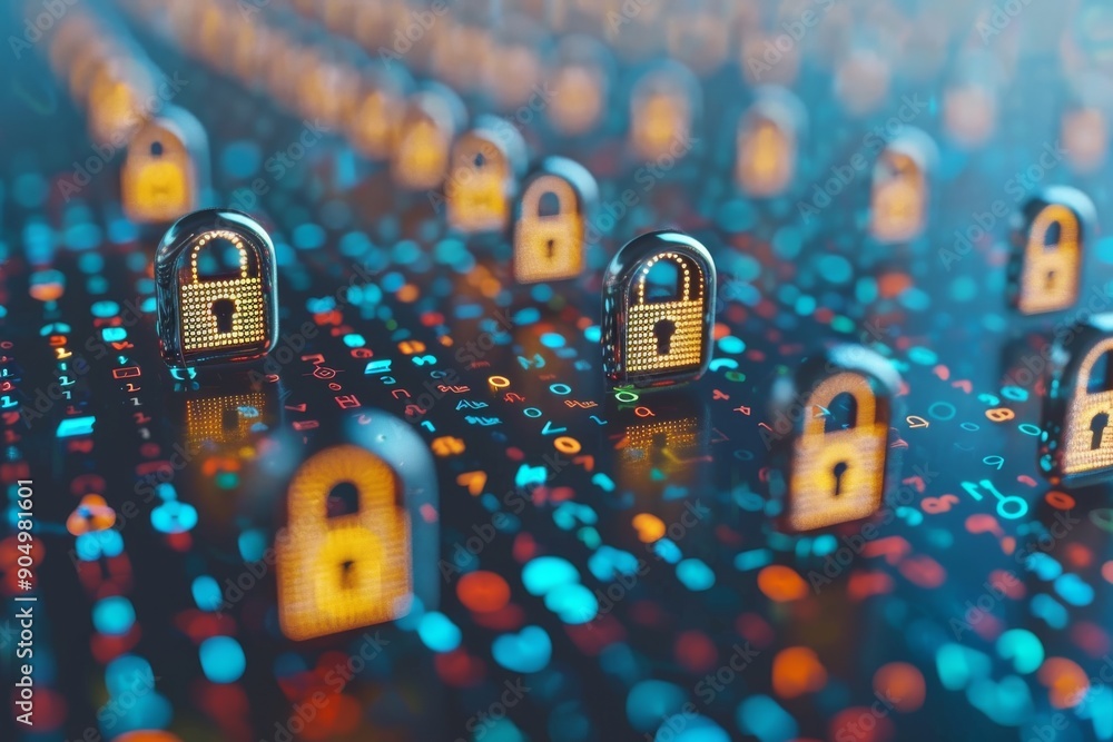 Poster rows of golden digital locks on a circuit board, emphasizing robust cybersecurity measures in tech.
