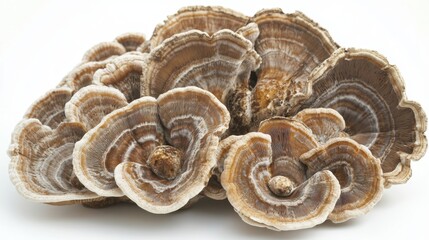 A bunch of fresh turkey tail mushrooms, highlighting their wavy edges against a white background.