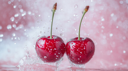 
Two vibrant red cherries, suspended in clear water, with droplets of water splashing around them. The cherries are attached to slender stems, and the background is awash with a soft pink hue