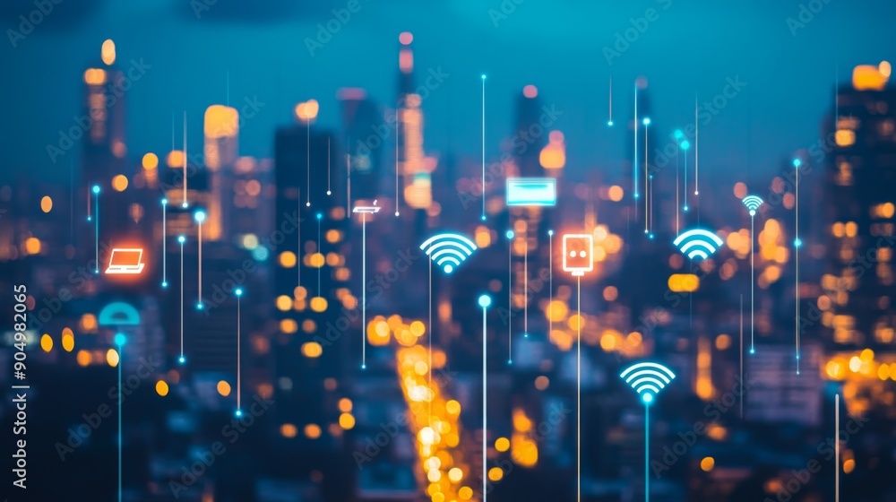 Aufkleber a city skyline with digital icons representing wireless communication networks.