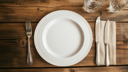 A clear table setting with an empty plate, fork, and knife, leaving room for text.