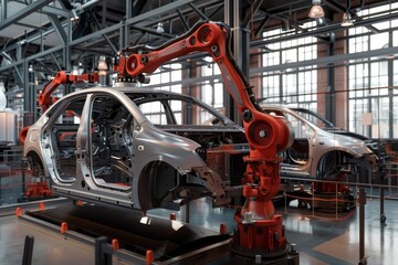 Fototapeta premium Robotic assembly line process from frame to painted car in factory with industrial lighting