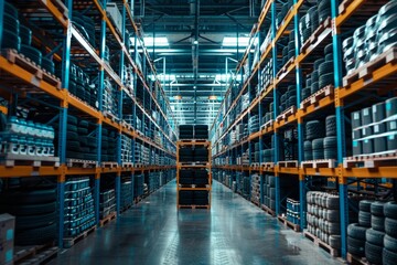 Cinematic warehouse view with car tires, cleaning products, steel beams, natural light, f 4