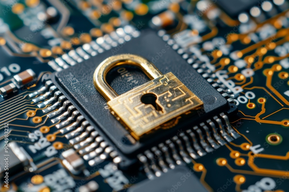 Poster gold lock on computer chip emphasizes hardware security and data protection in a technological era.