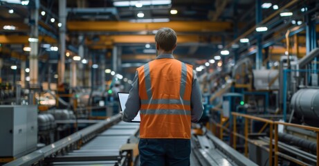 Engineer overseeing production line in industrial factory using laptop