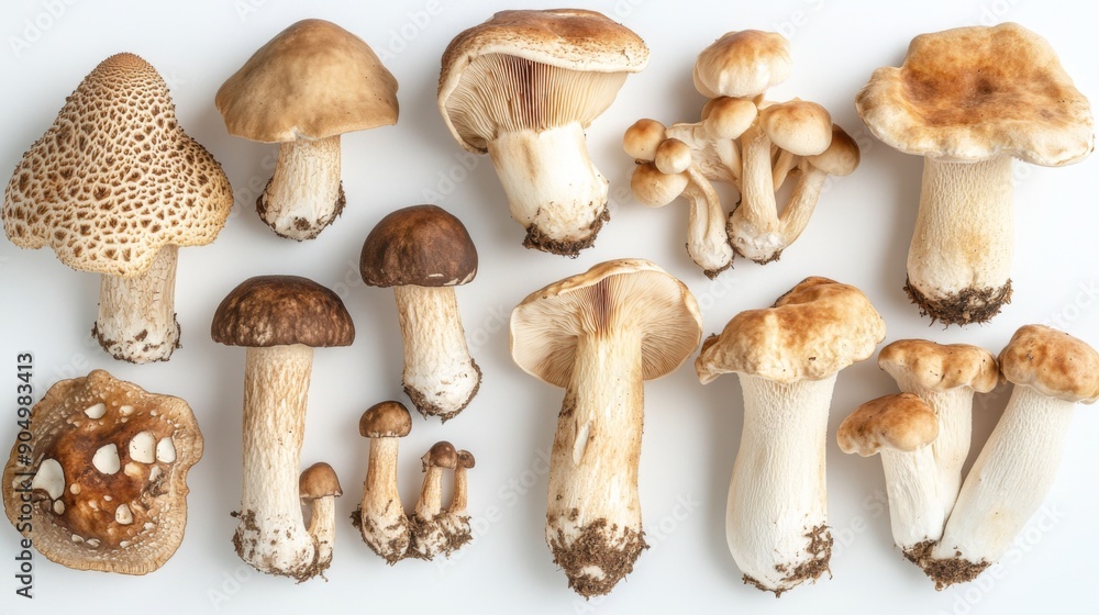Poster a collection of matsutake mushrooms, showing their varied sizes and shapes on a white background.