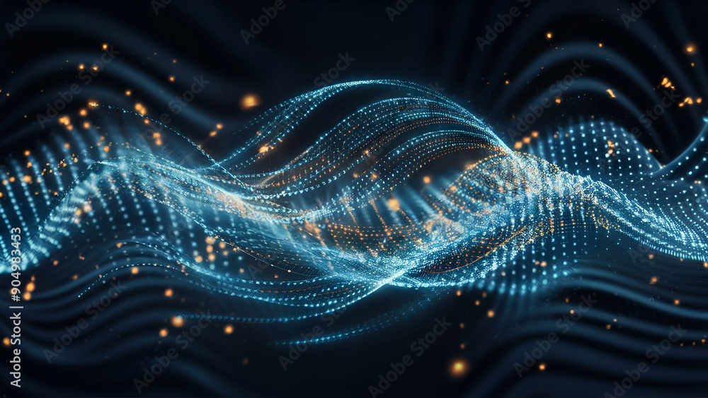 Aufkleber a tech-inspired scene with shining blue and orange dots on a dark, undulating wave, representing a f