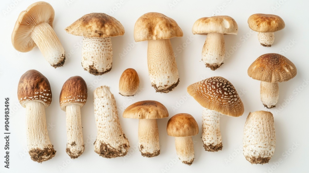 Poster a collection of matsutake mushrooms, showing their varied sizes and shapes on a white background.