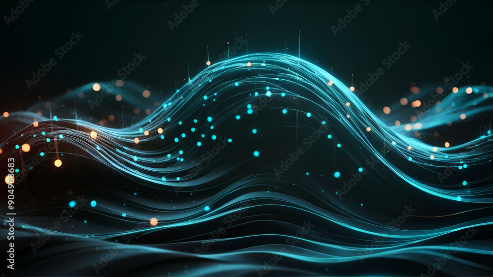 Aufkleber a tech-inspired scene with shining blue and orange dots on a dark, undulating wave, representing a f