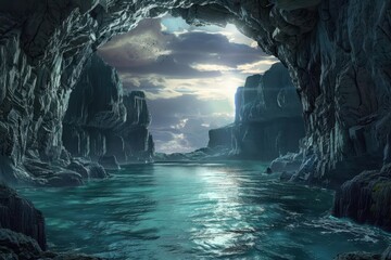 Mysterious Underground Lake Cave with Rocky Cliffs and Birds Flying Towards the Light