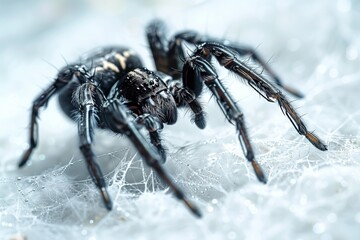 Isolated Black Spider on Torn Web Against Plain White Background