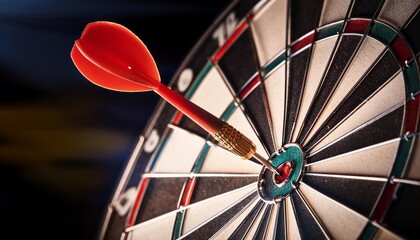 Ultimate Success: Single Red Dart Strikes Bullseye on Dartboard"