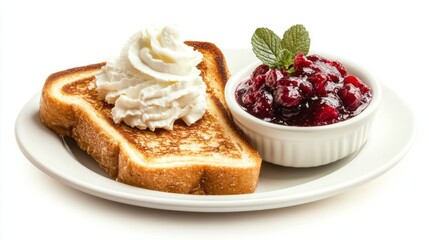 A delectable plate of honey toast with a side of berry compote and whipped cream, isolated on a white background.