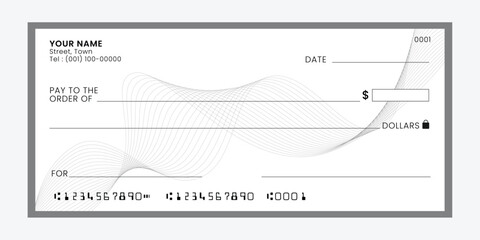 Blank bank check, checkbook cheque template or money payment paper voucher, vector mockup.