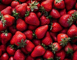 A pile of delicious and fresh strawberries with a vibrant red tone, shot from a top view, professional photography