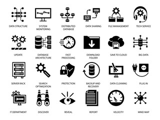 DATA ORGANIZATION AND MANAGEMENT icon SET ART LINE FILL BLACK COLOR