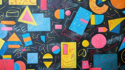 A blackboard displays vibrant geometric shapes and patterns, showcasing creativity in a classroom filled with artistic learning and exploration. Generative AI