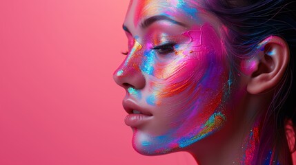Vibrant Face Painting Displaying Colorful Patterns Against a Bright Pink Background