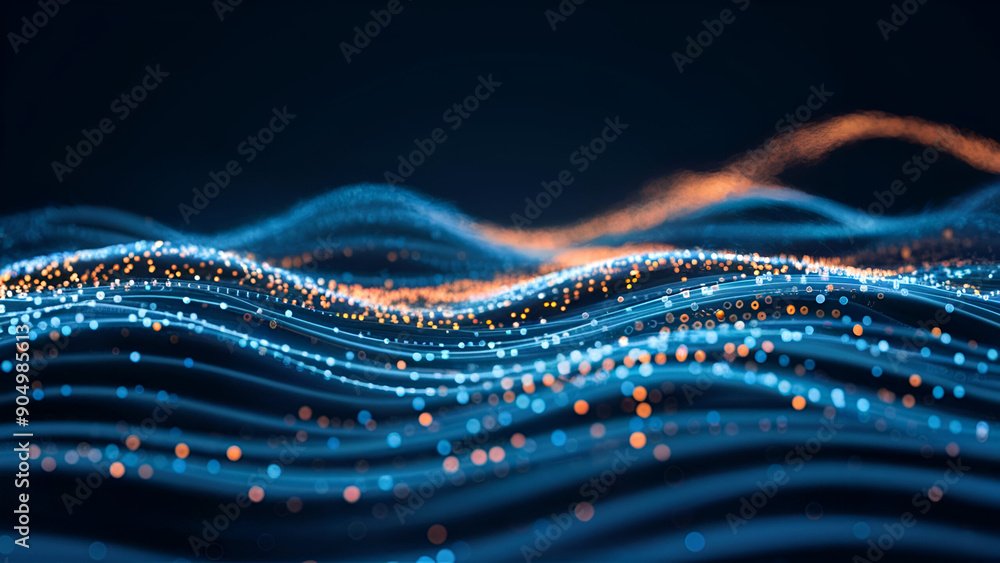 Poster an electronic background with glowing blue and orange particles on a dark, wavelike pattern, symboli