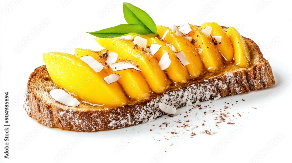 Poster a delightful serving of honey toast with fresh mango slices and coconut flakes, isolated on a white 