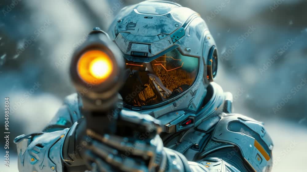 Poster futuristic sci-fi soldier in advanced armor aiming and firing high-tech weapon in dynamic action-pac