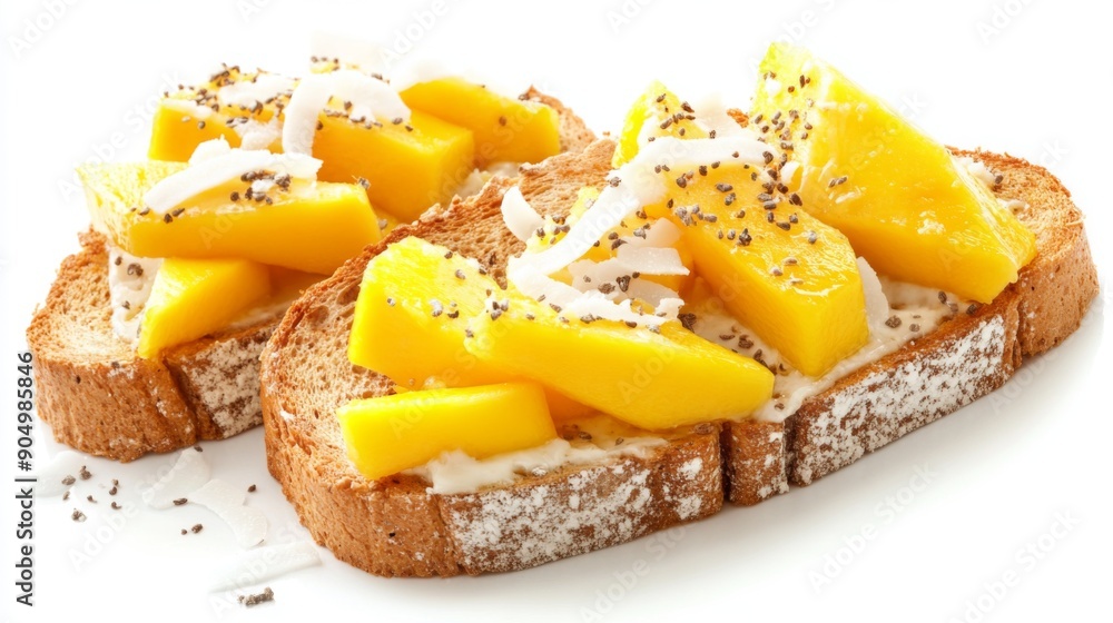 Poster A delightful serving of honey toast with fresh mango slices and coconut flakes, isolated on a white background.