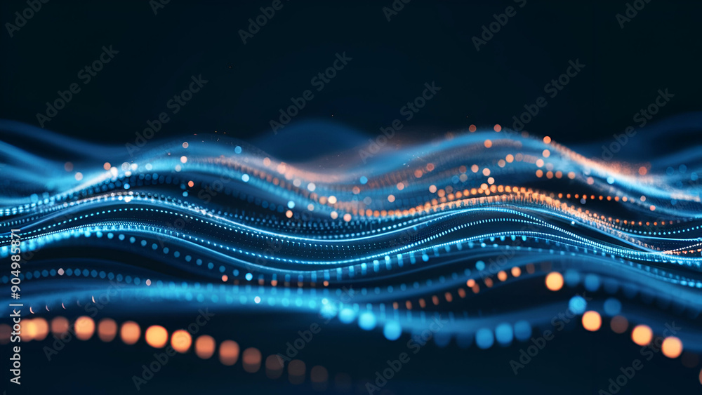 Poster an electronic background with glowing blue and orange particles on a dark, wavelike pattern, symboli