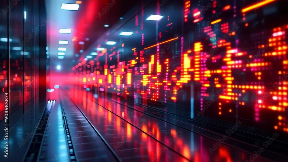Poster futuristic financial data visualization in technology corridor at night: exploring digital artistry 