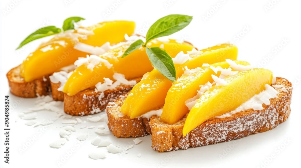 Poster a delightful serving of honey toast with fresh mango slices and coconut flakes, isolated on a white 