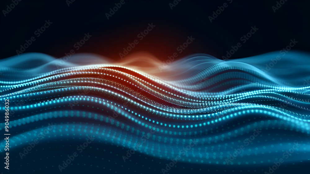 Poster an electronic background with glowing blue and orange particles on a dark, wavelike pattern, symboli
