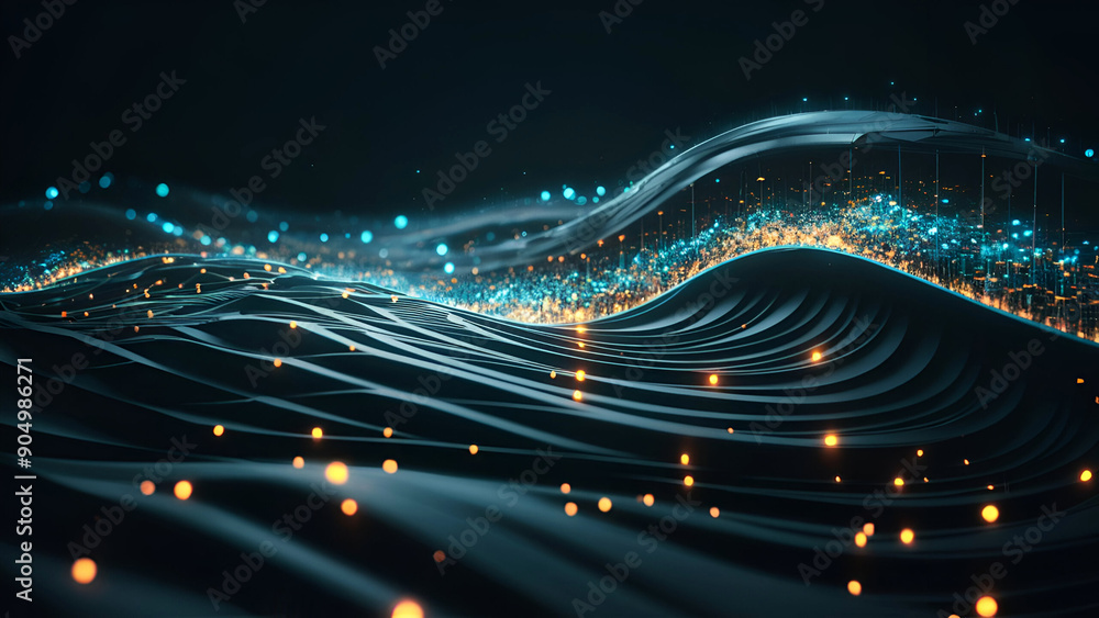 Poster an electronic background with glowing blue and orange particles on a dark, wavelike pattern, symboli