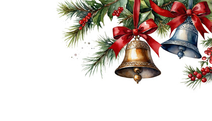 Greeting card with watercolor Christmas bells and spruce branches on transparent background.