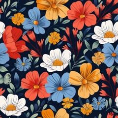 Seamless pattern with colorful flowers on dark blue background.