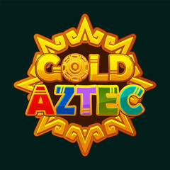 Icon for casino-themed Aztec game. Logo- Aztec gold, textured and volumetric text for your games. Aztec solar disk, sun symbol, and diadem, representing the Aztec sun