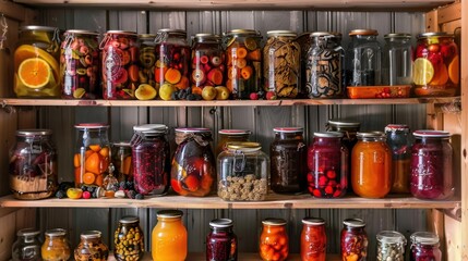 Food Storage Room: Home Canning Fruits and Vegetables in Jars on Pantry Shelves