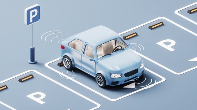 The car is parking automatically in a parking lot, 3d rendering.