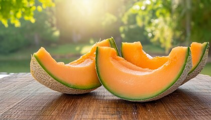 slices of melon ona wooden table with green background