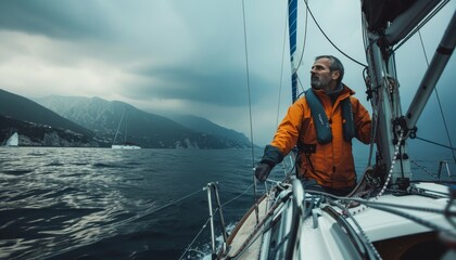 Experienced sailor expertly navigating sailboat through calm and serene waters with skill