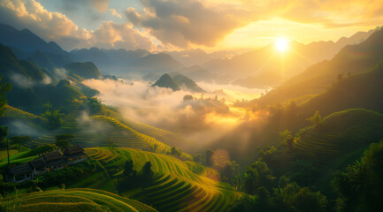Rice terraces in the style of cinematic landscape photography, a beautiful sunrise over a misty valley with lush green rice fields and traditional Vietnamese village houses