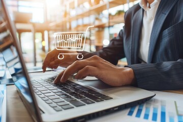Businessman using laptop for online shopping during a major sale event to find exclusive deals