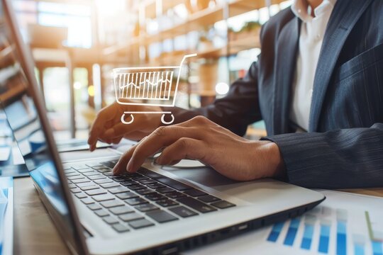 Businessman using laptop for online shopping during a major sale event to find exclusive deals