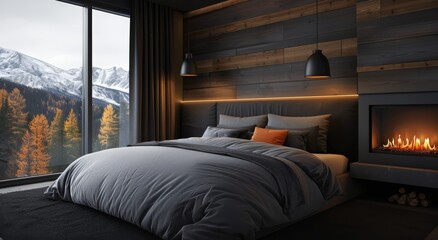 Cozy Modern Bedroom With Fireplace and Forest View at Dusk