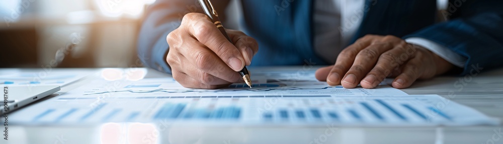 Poster a close-up of a financial planner's hands holding a pen over a document outlining an investment stra