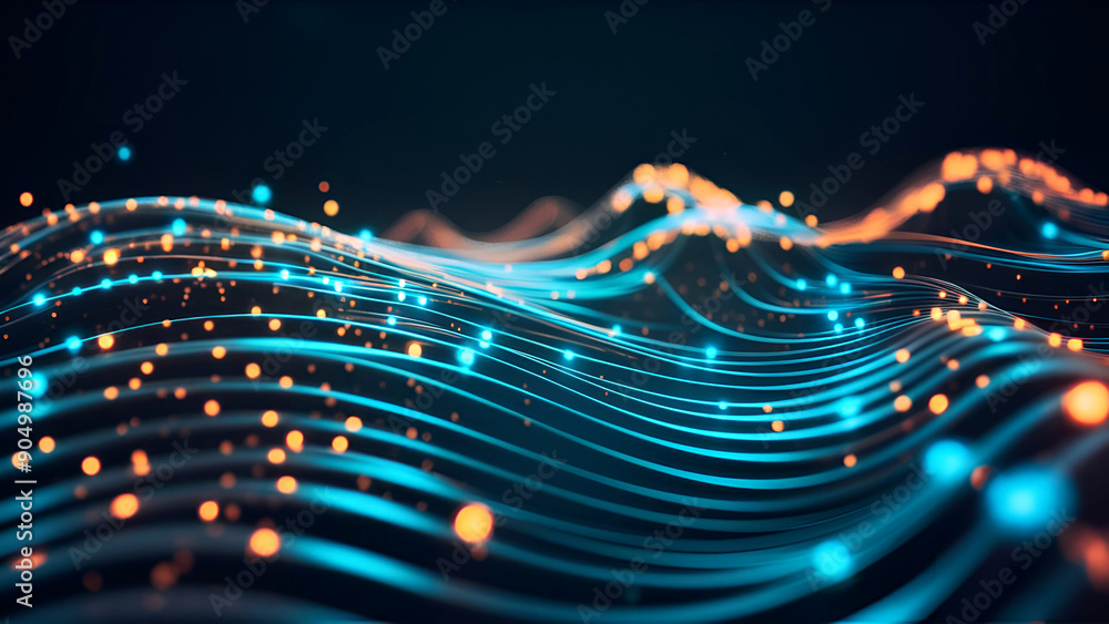 Poster a technological scene with luminous blue and orange points on a dark, wavy background, reflecting a 