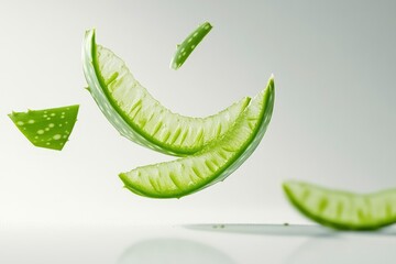 Naklejka premium Falling Aloe vera, slice, isolated on white background, full depth of field, ai