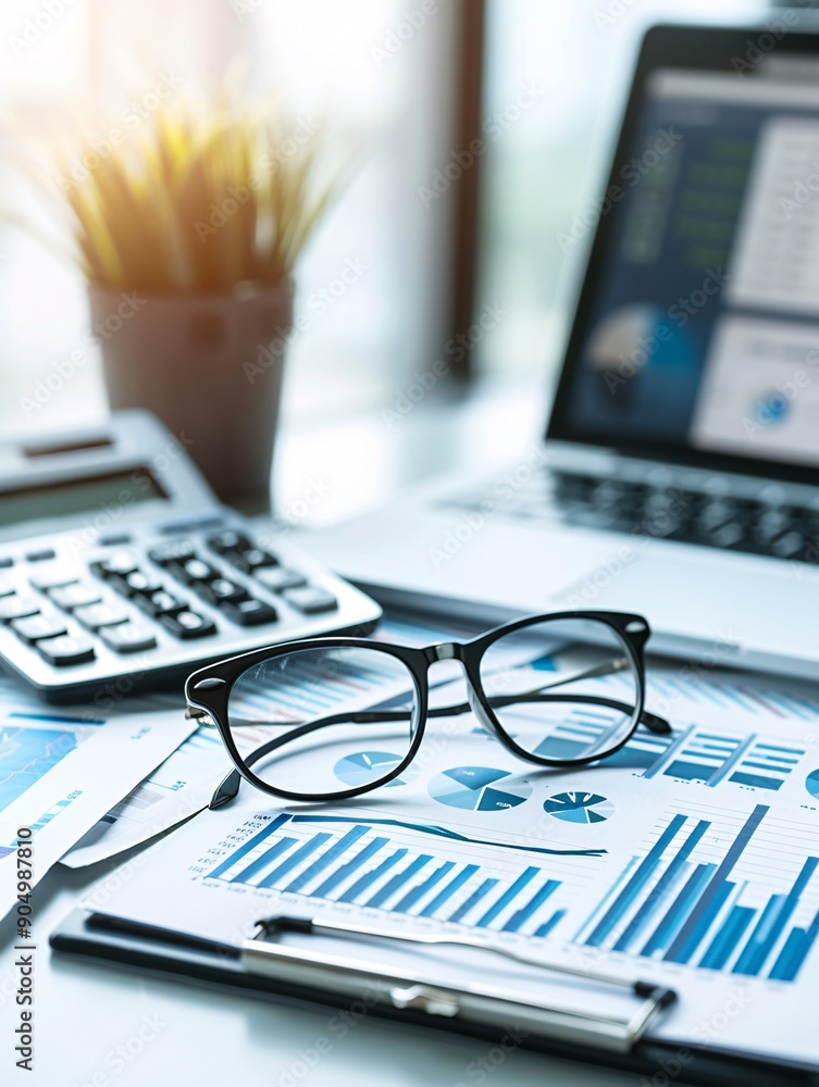 Poster a detailed financial report with charts and graphs is spread out on a desk, accompanied by a calcula