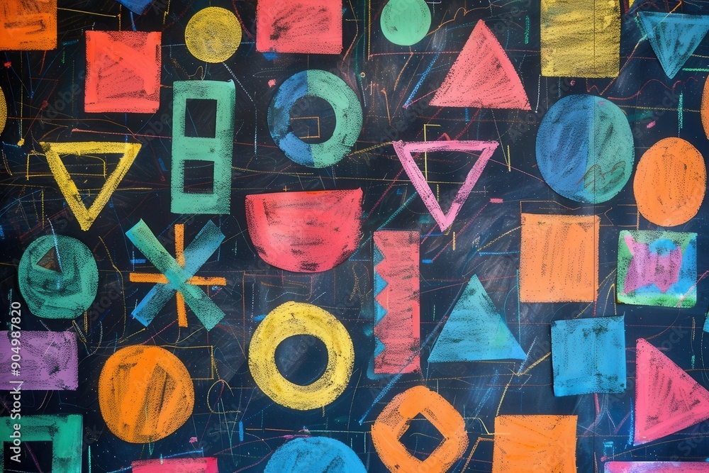 Aufkleber A vibrant blackboard displays an array of colorful geometric shapes and patterns, showcasing creativity in a learning environment. Generative AI